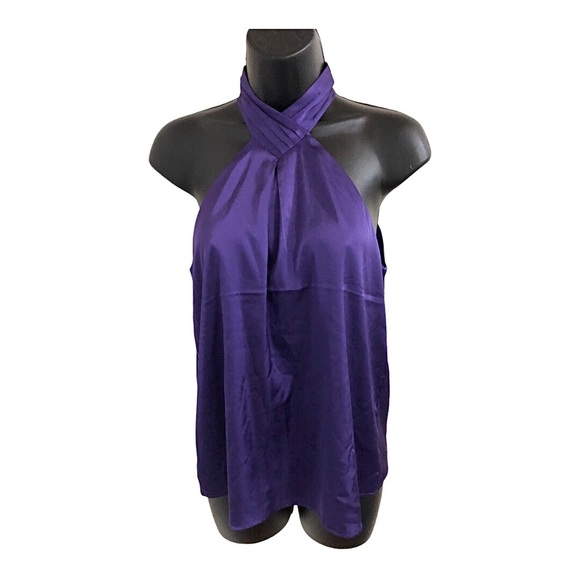 Nine West purple satin effect pleated neck twist front halter blouse size XS new - Picture 10 of 12